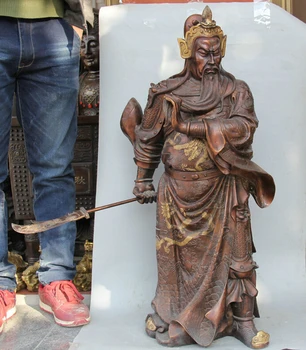 

USPS to USA S2371 36" Chinese Red Bronze Gild Folk Guan Gong Yu Warrior God General sword Statue