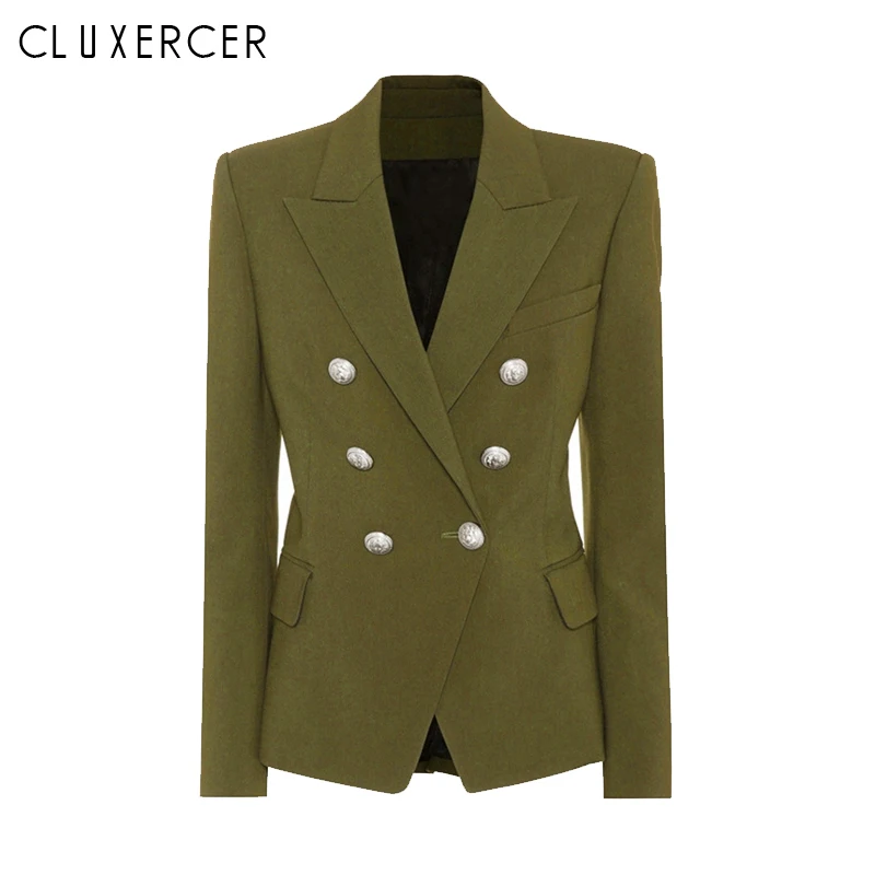 

2019 New Fashion Green Blazer Femme Double Breasted Silver Metal lion Head Button Work Offiec Lady Blazer Coat