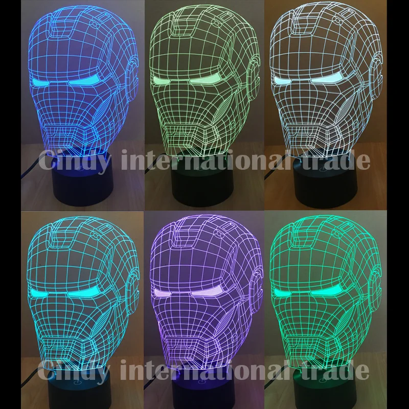 

2016 New 3D Bulbing Light 7 Color Changing Avengers super hero iron Man helmet model toys LED lamp Lighting Kids Toy Gift