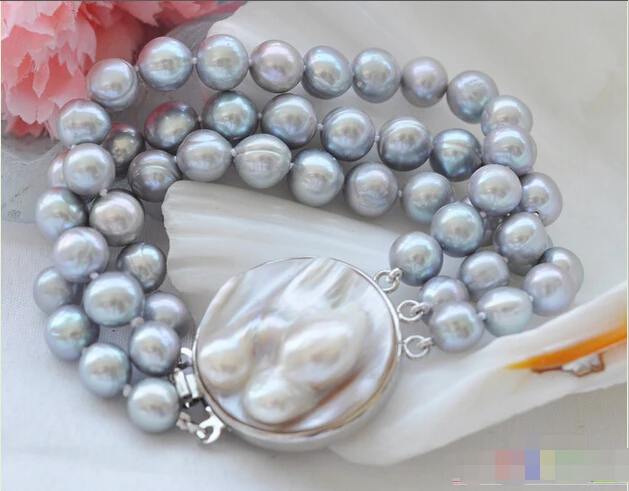 

free shipping 3row 8" 9mm gray round freshwater pearl bracelet @^Noble style Natural