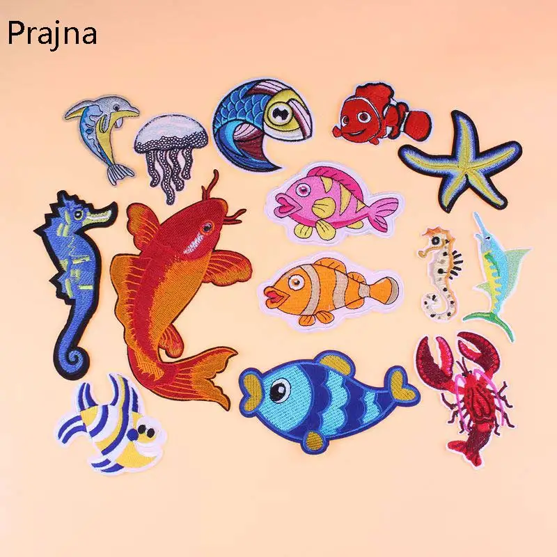 

Lobster Patch Fish Dolphin Marine Sea Animals Sea Star Crab Patch Embroidered Cartoon Patch Iron On Motif Applique DIY Badges D