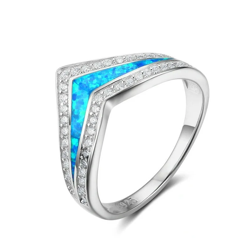 Модный синий опал камень кристалл смолы V палец кольцо для женщин Женская Свадьба обручение серебряное заполненное уникальный браслет ювелирные изделия подарок