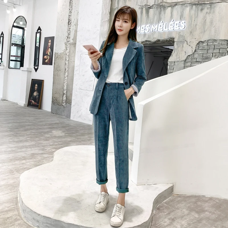 Veste Et Breasted Nouveau Pantalon Bureau 1 Mode 2 Ensemble Pour Travail 2 En Pièce De Dame Blazer 3 Femmes Costumes Solide Velours Costume Côtelé Double UxTUqw6r