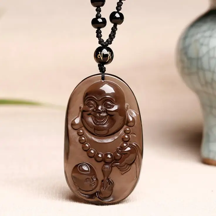 

Chinese Natural Ice Obsidian Hand-Carved Blessing Maitreya Buddha Pendant