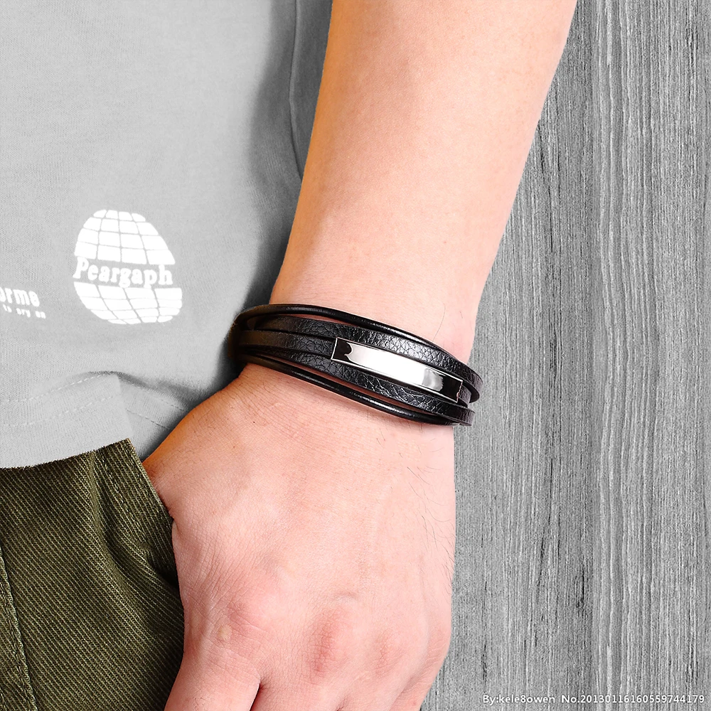 Trendy Men Jewelry Popular Black Color Genuine Leather Bracelet Multi-layer Design Charm Cuff Bangle For Handsome Boy Gift