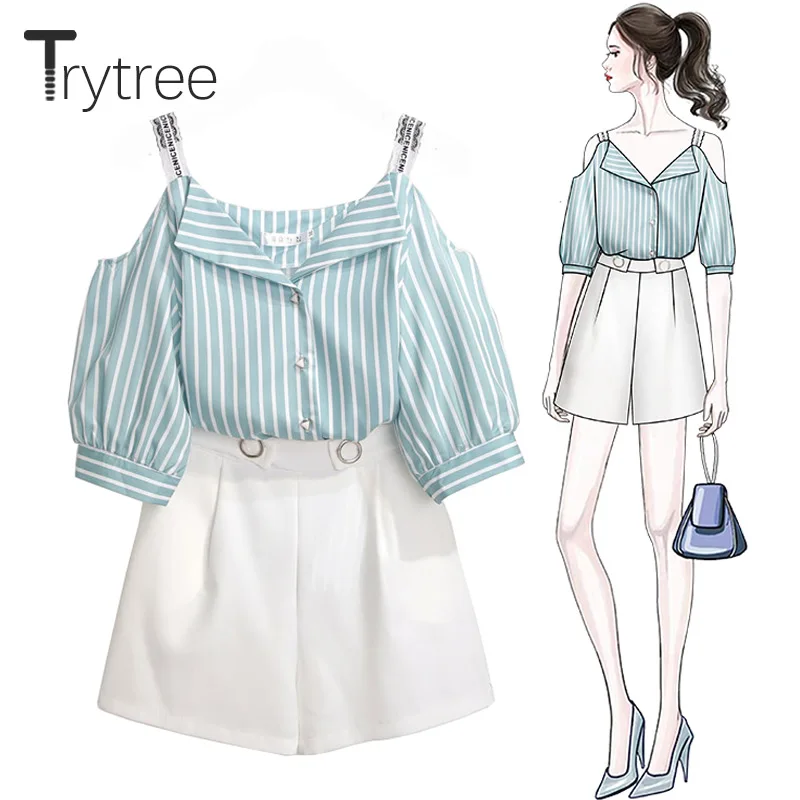 

Trytree Summer Women two piece Set Casual Polyester V-Neck Striped Lace Sling Tops + Shorts Elastic Waist Suit Set 2 Piece Set