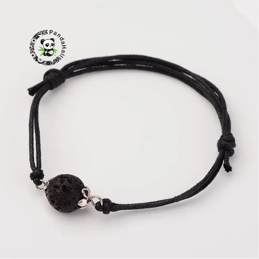 

50 Strands Adjustable Natural Lava and Cotton Wax Cord Bracelets, with Tibetan Silver Bead Caps, 42~75mm