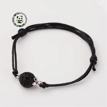

50 Strands Adjustable Natural Lava and Cotton Wax Cord Bracelets with Tibetan Silver Color Bead Caps, 42~75mm