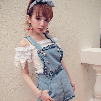 

Princess sweet lolita dress BoBON21 Original jeans double-breasted Black fungus lace Washed denim braces short overalls B1234