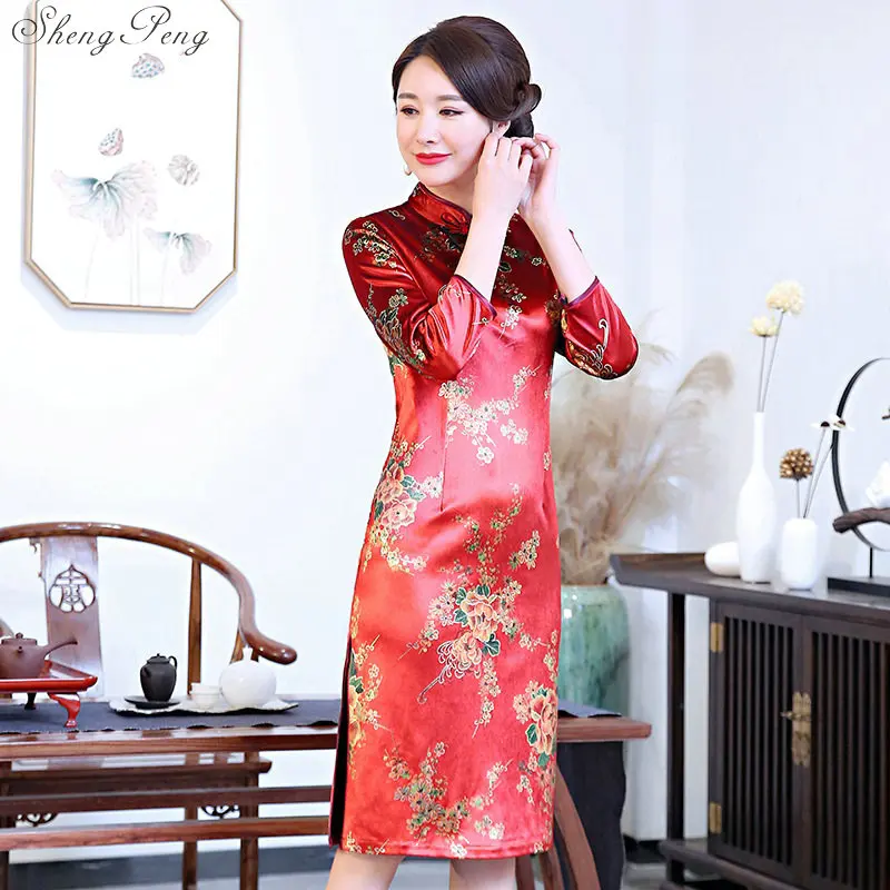 4XL женские восточные платья с принтом эластичные Qipao Новые короткие Cheongsam Восстановление Древние Традиционные китайские платья V1565