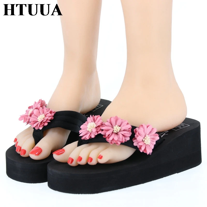 

HTUUA Fashion Handmade Flowers Slippers Women 6CM Wedge Platform Slides Summer Sandals Boho Beach Flip Flops Ladies Shoes SX2128