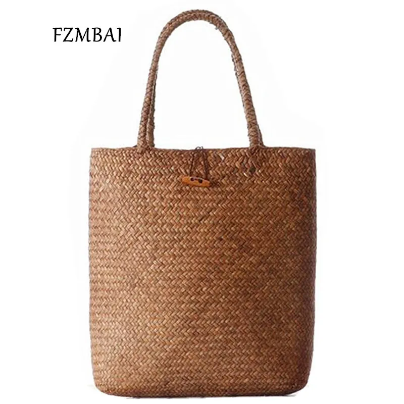 

FZMBAI Fashion One Shoulder Natural Straw Bucket Bag Leisure Lady Beach Handbag Handmade Woman Straw Bag