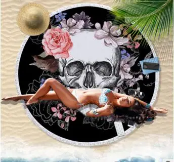 

super large round skull printed beach towel skeleton yoga rug mat with fringes carpet floor