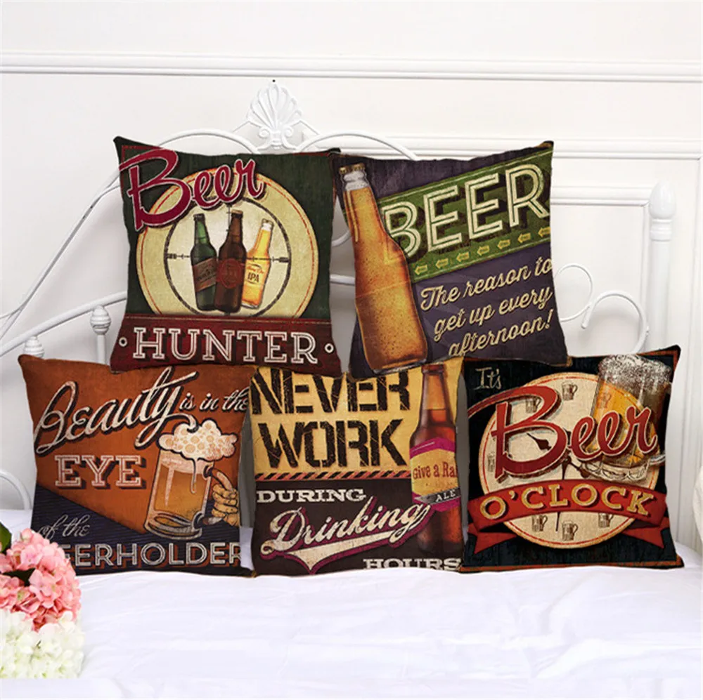 Vintage Style Beer Bar Decoration Throw Pillow Case Beer Bar Happy