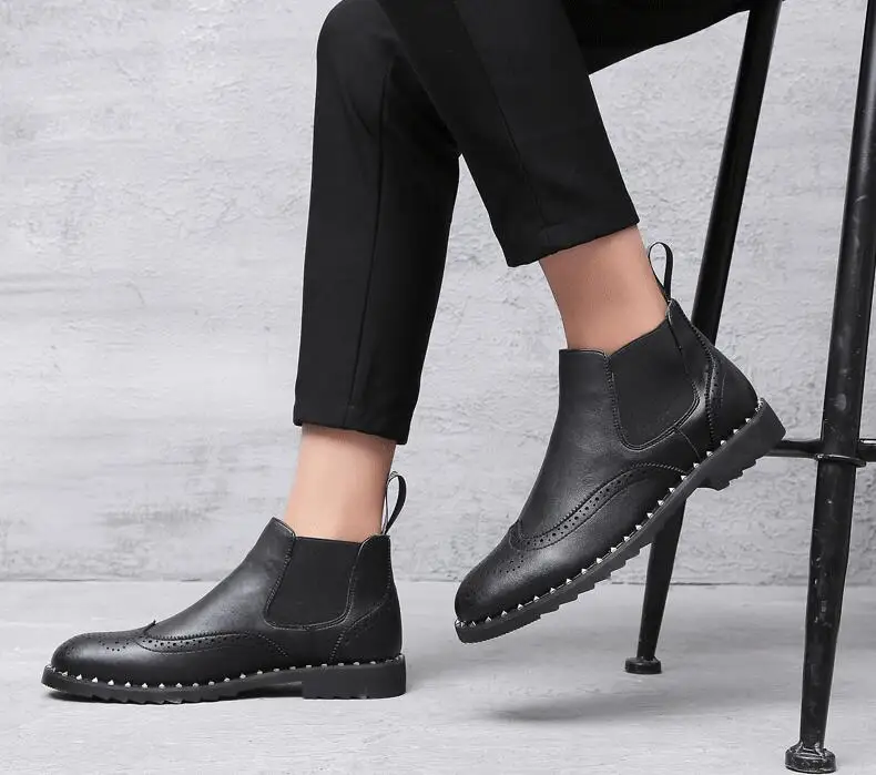 Мужские ботинки «Челси»; черная натуральная кожа; обувь с перфорацией типа «броги» из дышащего материала без застежек, туфли bullock в стиле
