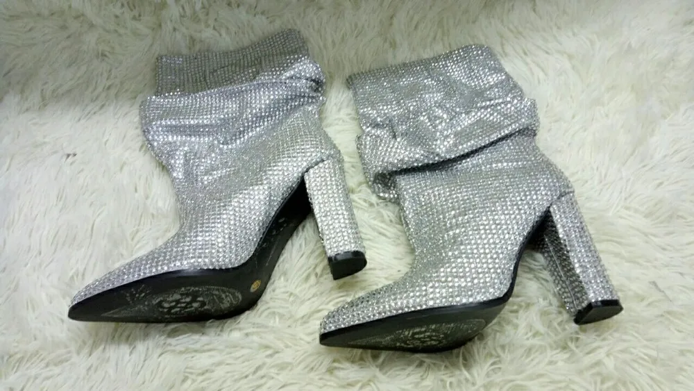 Роскошные женские ботинки с украшением в виде кристаллов; Niki Slouch; кожаные сапоги до колена; обувь на КОНУСНОМ каблуке с острым носком и стразами; Botas