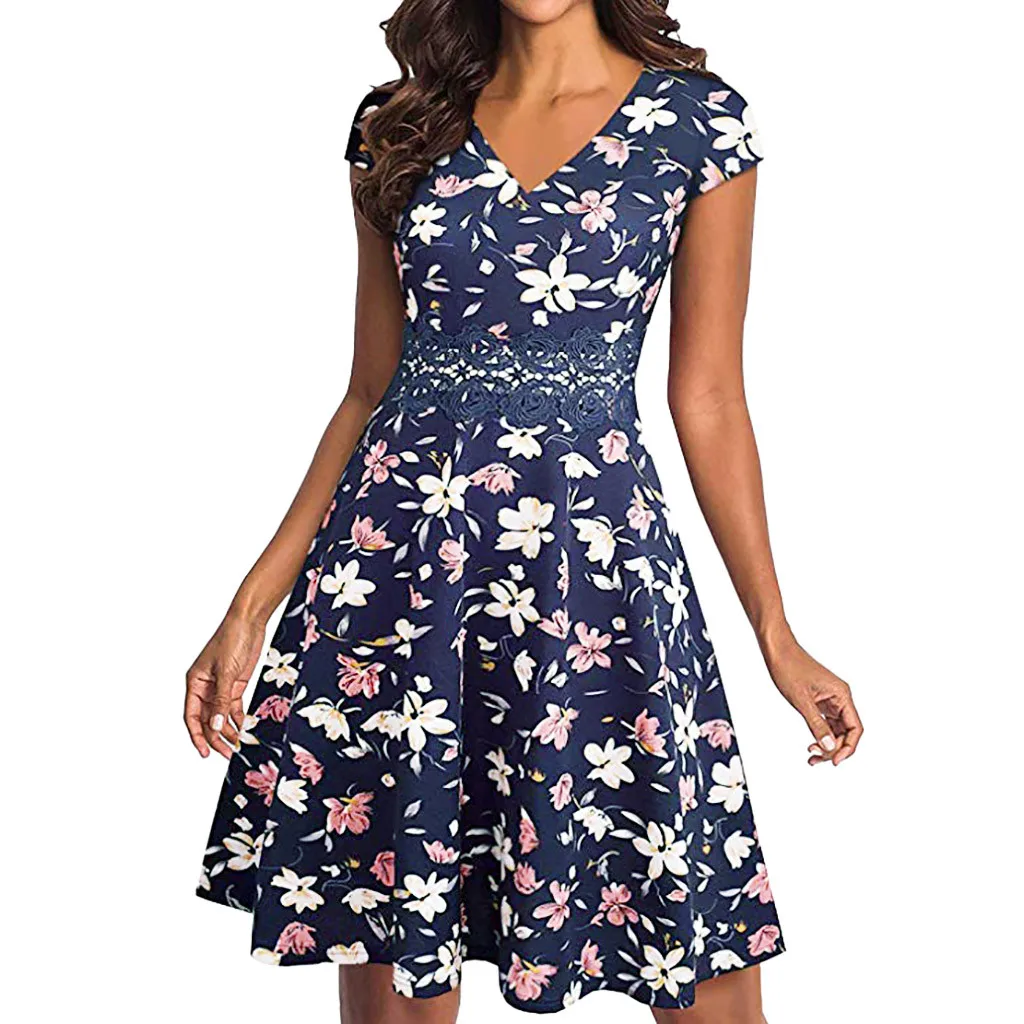 

Summer Lace dress women flower print Elegant dresses 2019 Summer Embroidery Flared A-Line Swing Casual beach Party Dress vestido