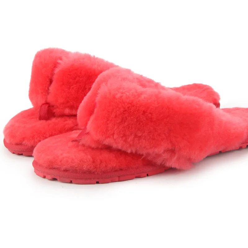Теплые домашние тапочки из натуральной овечьей кожи; модные зимние женские домашние меховые тапочки; теплые шерстяные Вьетнамки; женская домашняя обувь - Цвет: Red