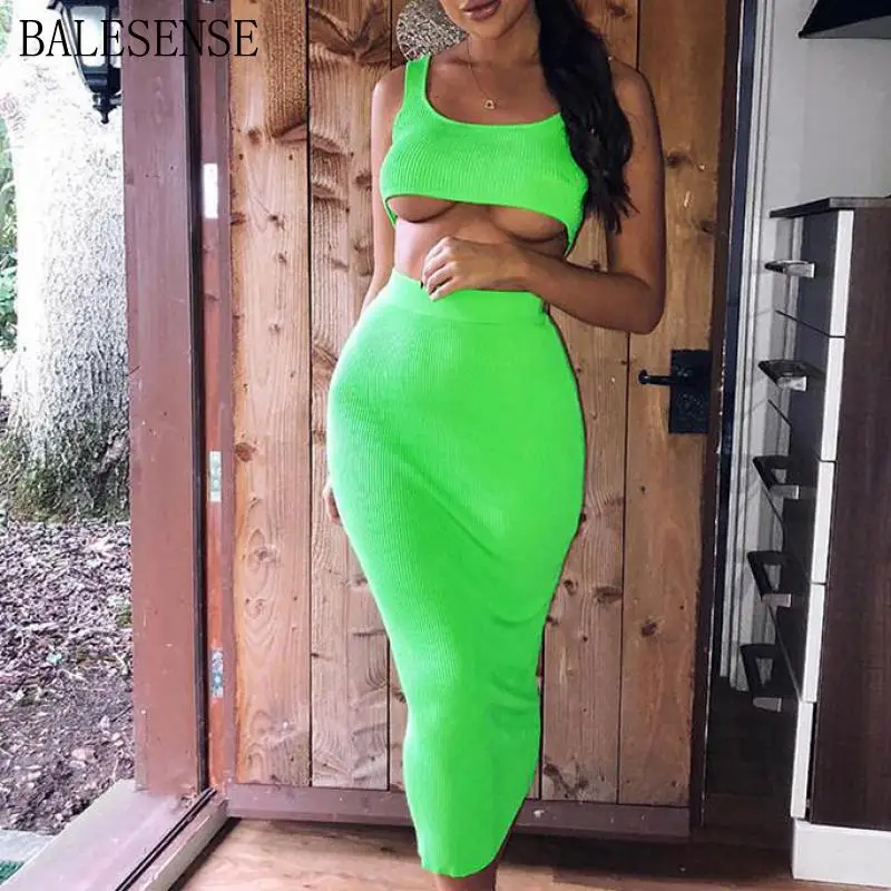 2 Piece Skirt Set Women Two Outfits Neon Green Crop Top And High Waist Bodycon Matching Sets Summer Clothes 2019 | Женская одежда