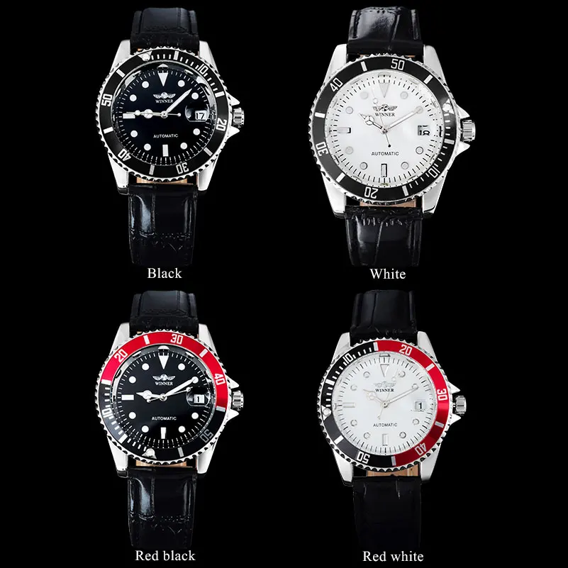 WINNER popular brand men luxury automatic self wind watches creative case black dial male leather band Relogio masculino