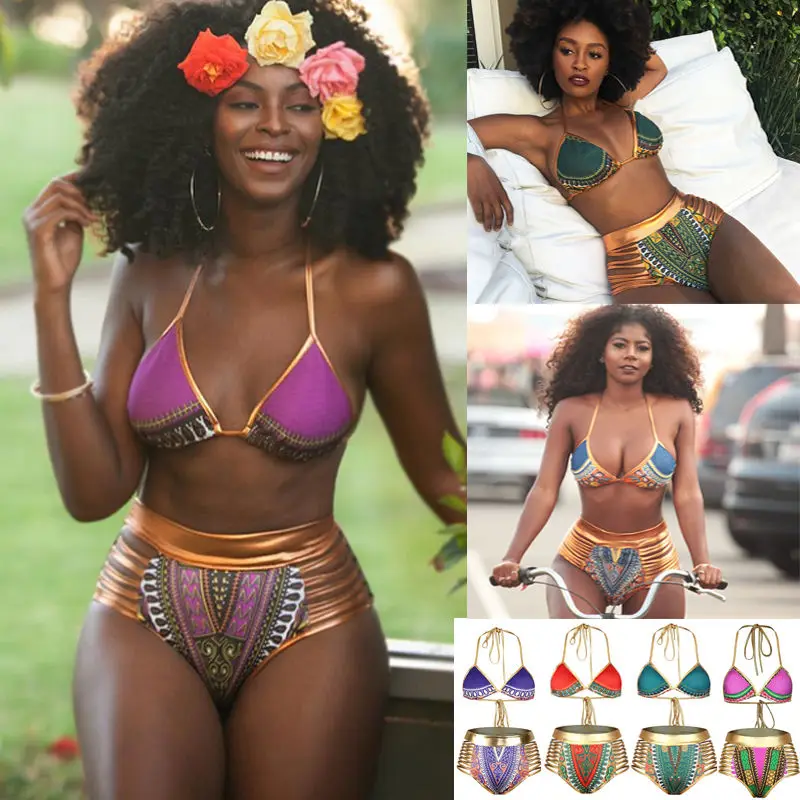 

2018 African Print Two Piece Bathing Suit Women Bandage Push-Up Bikini Set Geometric Sexy High Waist Swimsuit Brazilian