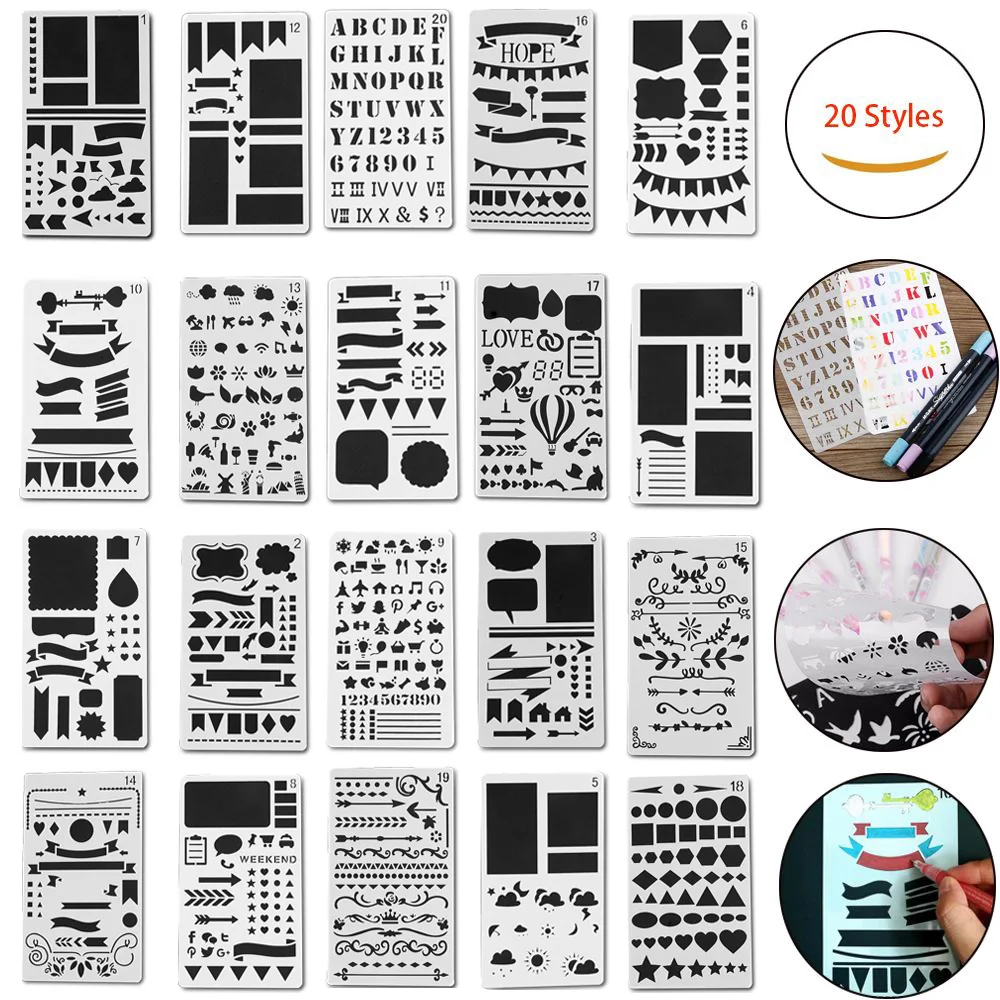 

20pcs Journal Plastic Stencil Set DIY Drawing Hollow Template for Diary Notebook Cutting Dies for Scrapbooking Sticker