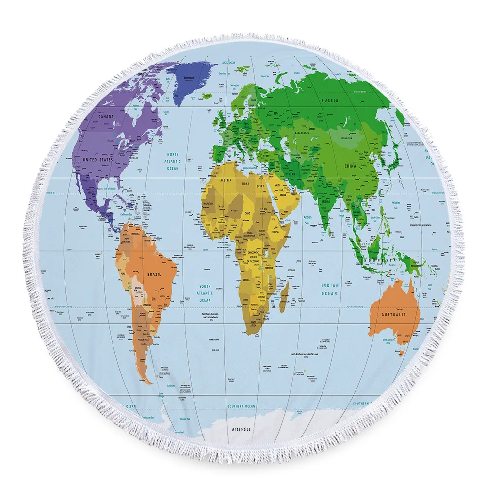 Round Beach Towel Microfiber With Tassels World Map