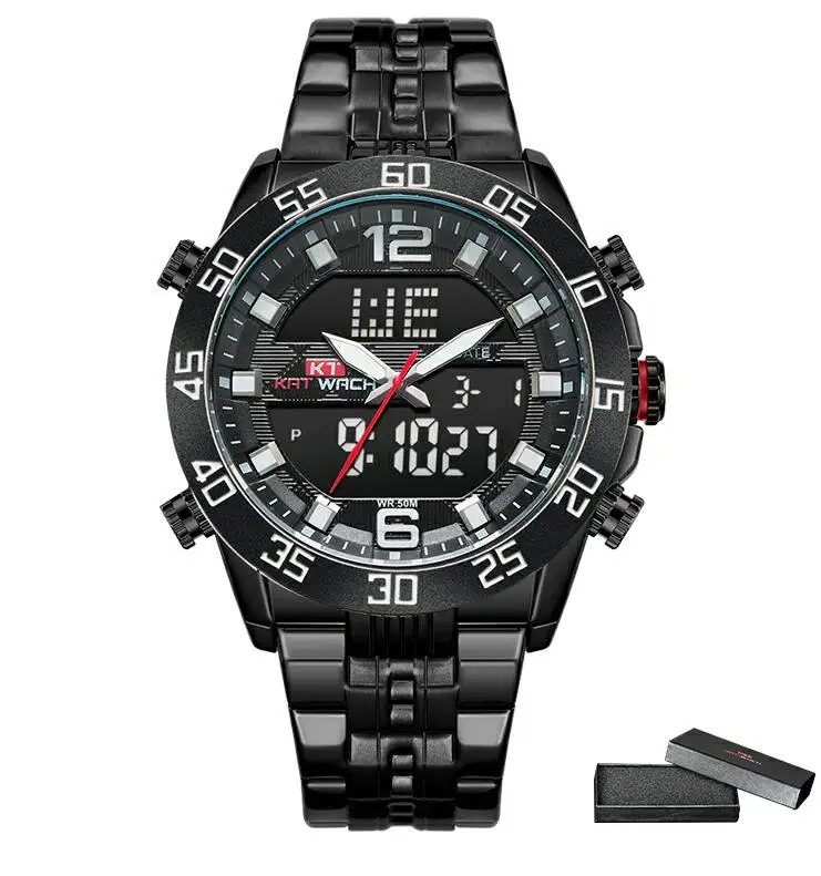 KT мужские s кварцевые аналоговые цифровые часы Роскошные модные спортивные наручные часы 50 м водонепроницаемые часы с ремешком из нержавеющей стали для мужчин бизнес - Цвет: KT1802-blackblack