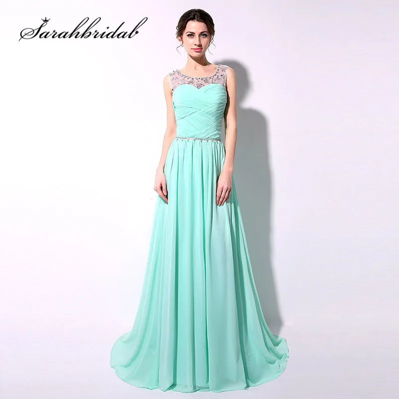 

Mint Long Evening Dresses Cheap In Stock Beaded Crystals Floor Length Chiffon Lace Up Back Sash Prom Party Gowns SD184