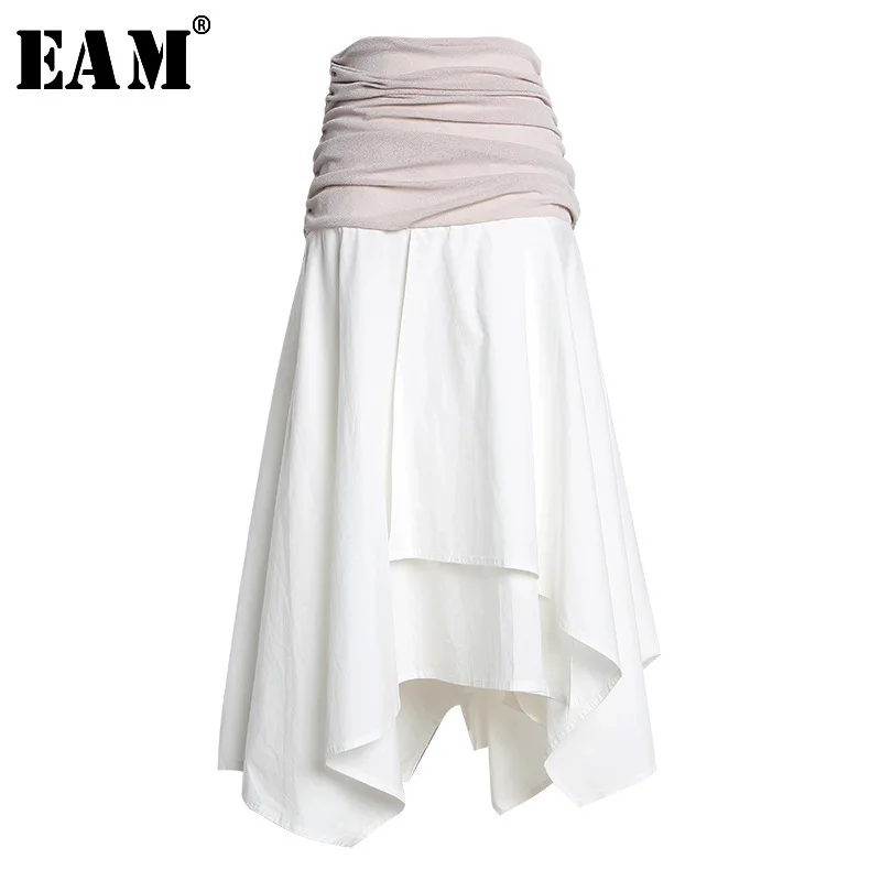 

[EAM] 2019 New Spring Summer High Elastic Waist White Fold Pleated Stitch Irregular Hem Half-body Skirt Women Fashion Tide JT206