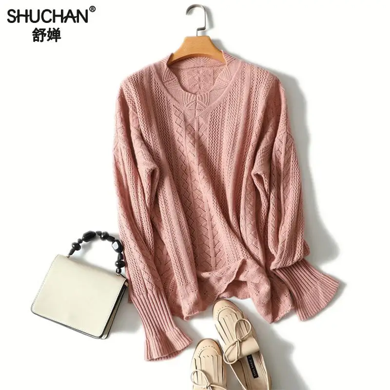 

Shuchan Autumn New Women Sweater Casual Hollow Out Knitted Sweater Tops Long Sleeve O-neck Pullover 100% Cashmere Sweater Women