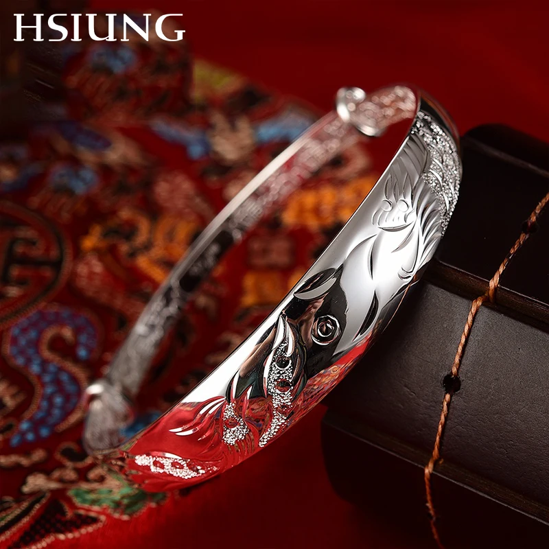 

HSIUNG silversmith S999 fine pure silver ethnic women dragon phoenix designed anniversary gift bracelets
