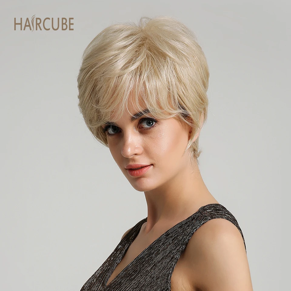 Haircube Short Blonde Synthetic Women S Wig With Bangs Mixed 50