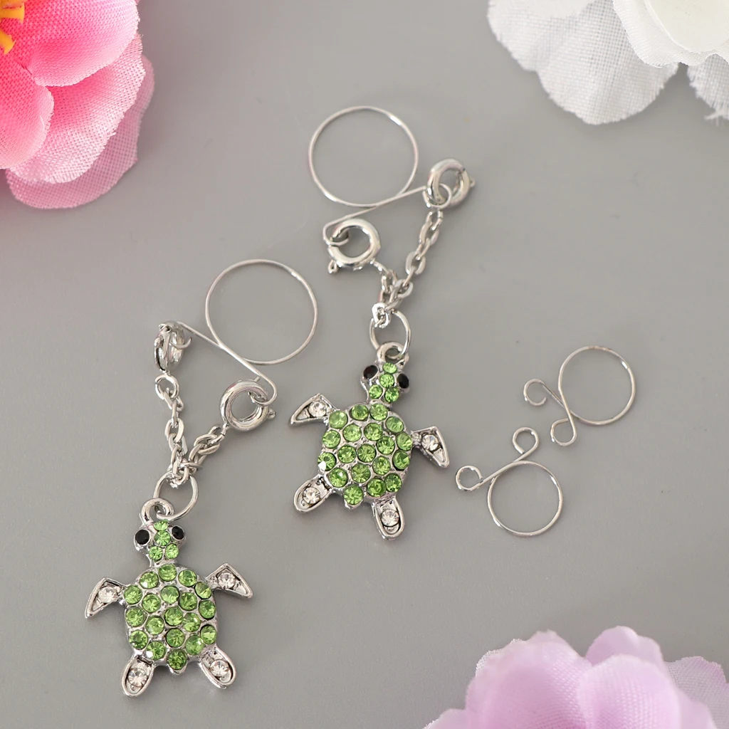 MagiDeal 2pcs Cute Tortoise Rhinestone Paved Animal Dangle Nipplering Non-piercing Clip On