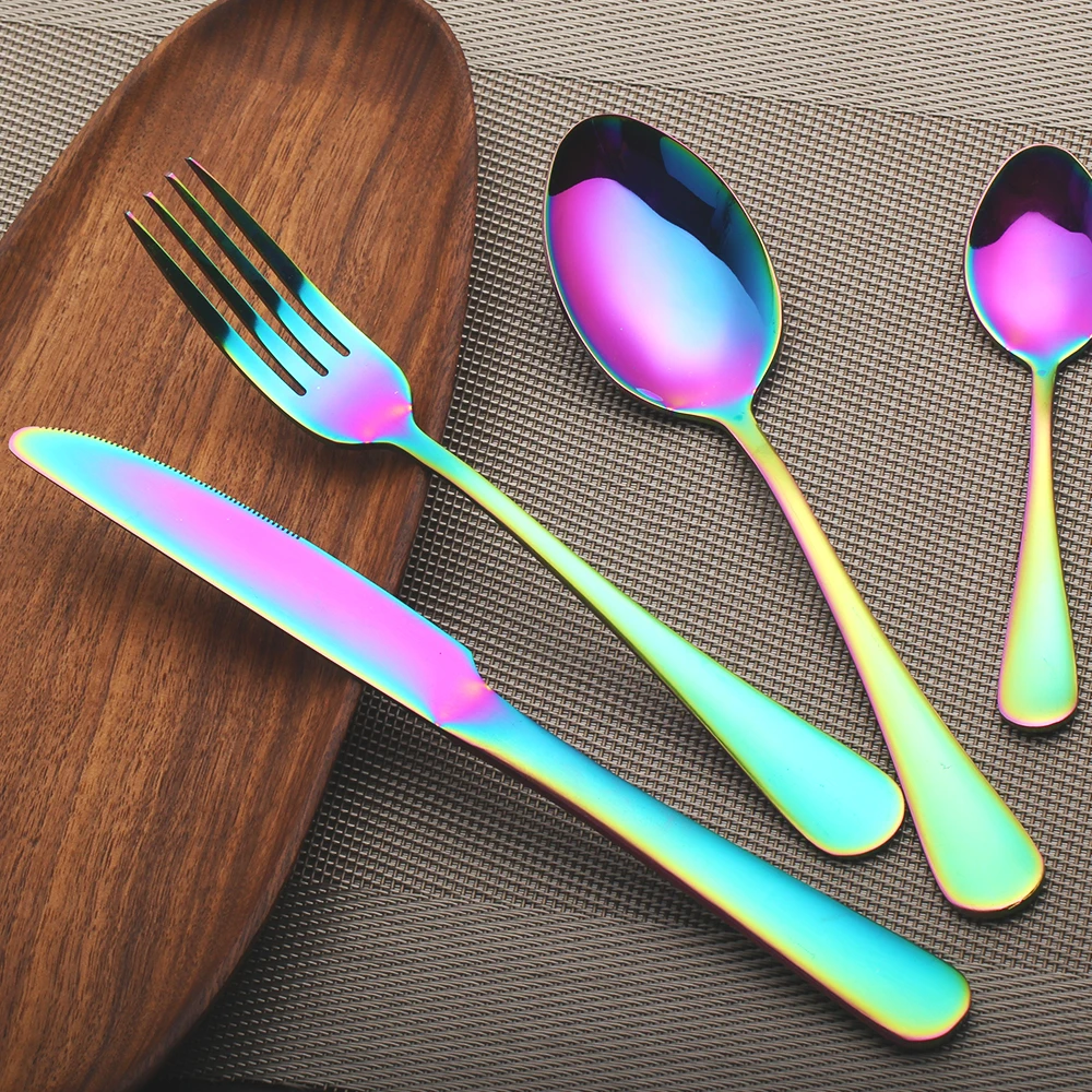 Multi-Colors Cutlery Mirror Polishing Stainless Steel Dinnerware Fork Scoops Set Dessert Portuguese Style Solid Tableware посуда нож ножи столовые приборы набор посуды kitchen dining bar