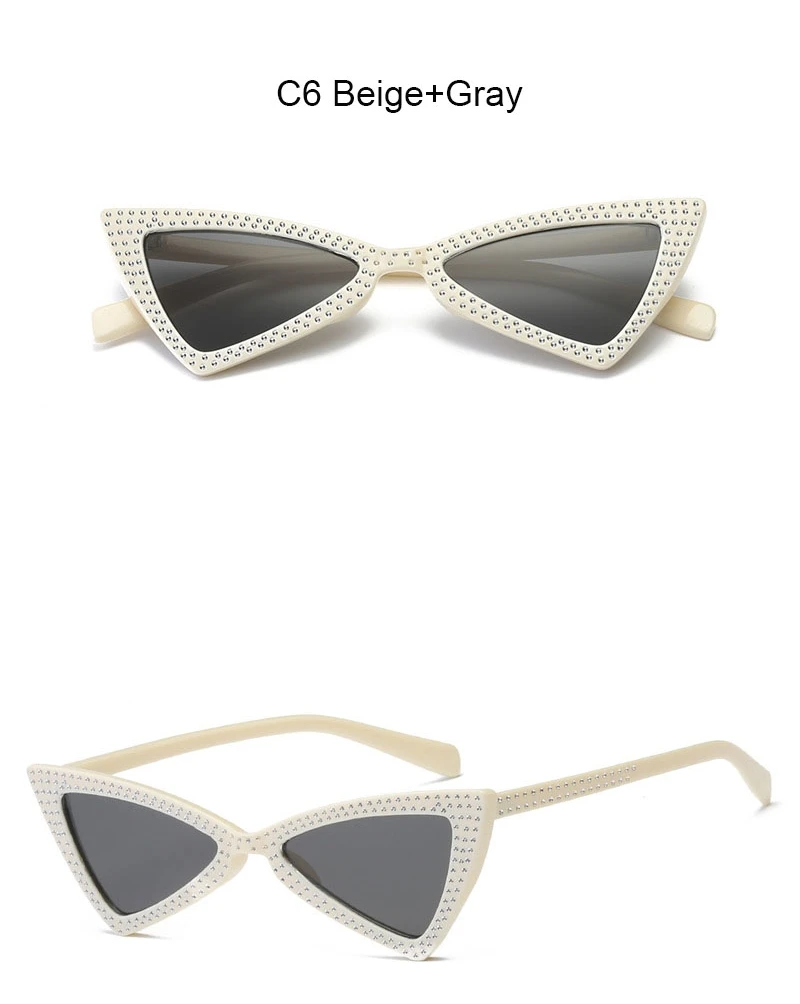Модные Винтажные женские солнцезащитные очки с кошачьим глазом, роскошные брендовые, Ретро стиль, заклепки, треугольные маленькие солнцезащитные очки для женщин, прозрачные
