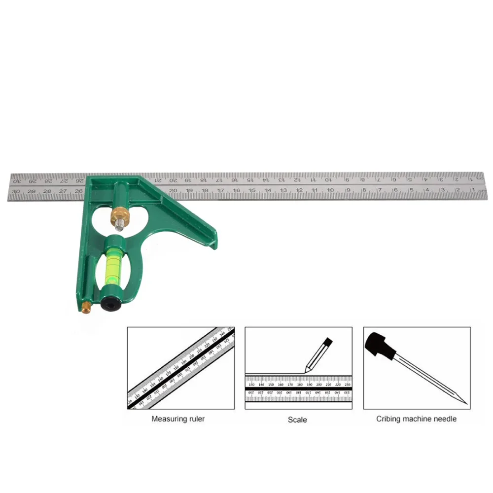 

300mm Movable Combination Square Angle Ruler 45/90 Degree Multi-function Rulers with Bubble Level Mayitr Measuring Tool