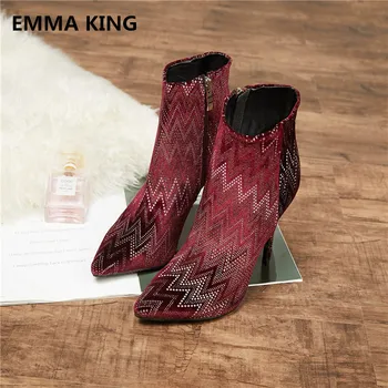 

EMMA KING Sexy Pointed Toe Women Ankle Boots Crystal Rivet Studded Cutouts Thin High Heels Stiletto Wine Red Shoes Women