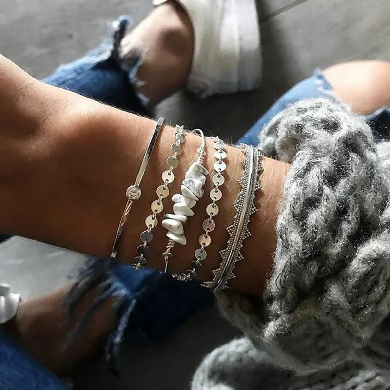 

5 Pcs/set Silver Arrow Knot Round Crystal Multilayer Open Bracelet Set Women Ethnic Natural Stone Sequin Charm Bracelets Bangles