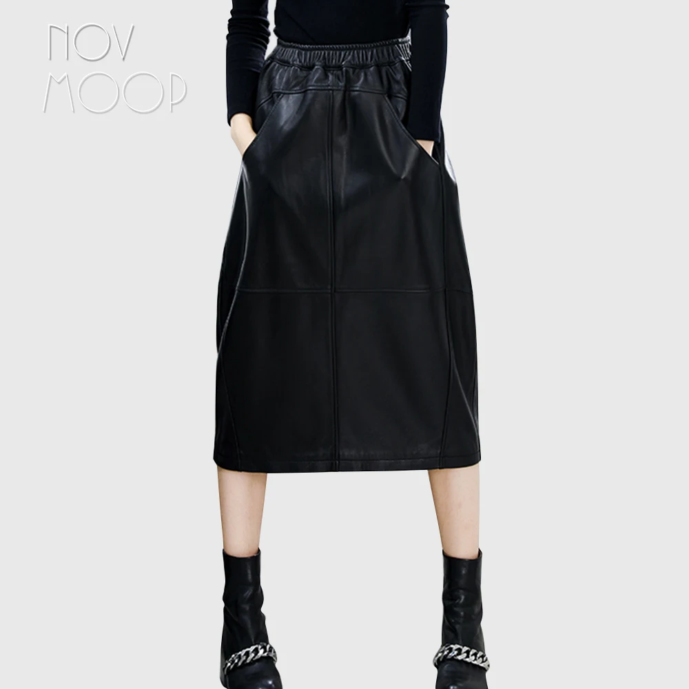 

Женская юбка-фонарик из овчины, черная эластичная юбка-трапеция из натуральной кожи с рюшами и большими карманами, модель LT2584 на осень и зиму, 2018