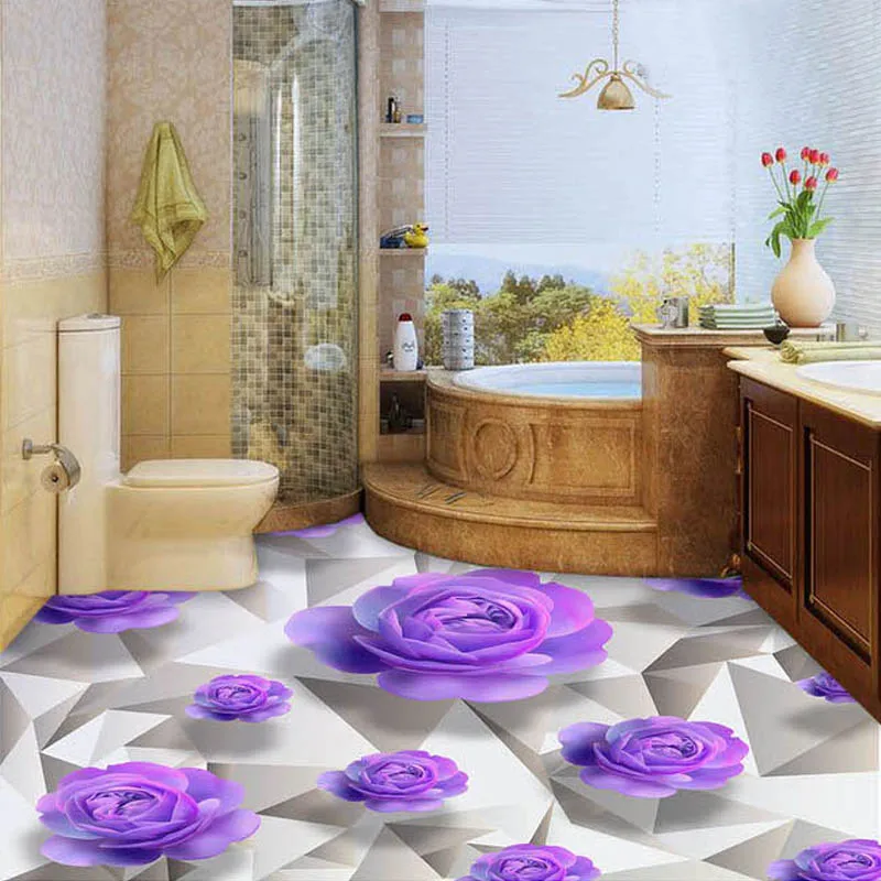 Custom 3D Floor Wallpaper Purple Rose Living Room Bedroom Bathroom Floor Mural Paintings PVC Self-adhesive Wallpaper Waterproof modigliani paintings sculptures drawings