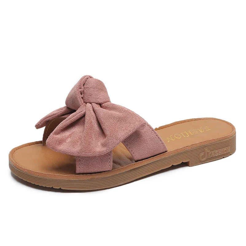 Шлепанцы, женские летние пляжные сандалии с бантиком, домашние льняные шлепанцы, женская модная обувь с цветочным принтом - Цвет: Розовый