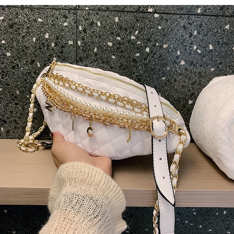 Cool Chain Gold Letters Plaid Leather Fanny Waist Pack Waist Bag Casusl Waterproof Antitheft Leather Muti-function Bag for Women