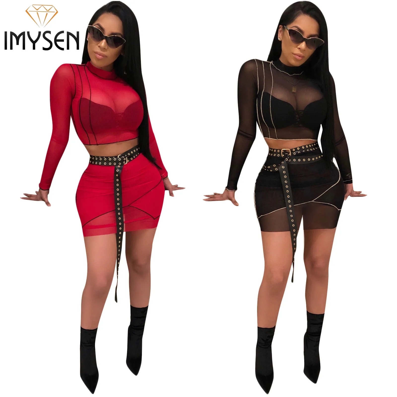 IMYSEN Breathable Perspective Sexy Mesh Women Two Piece Set Summer Red