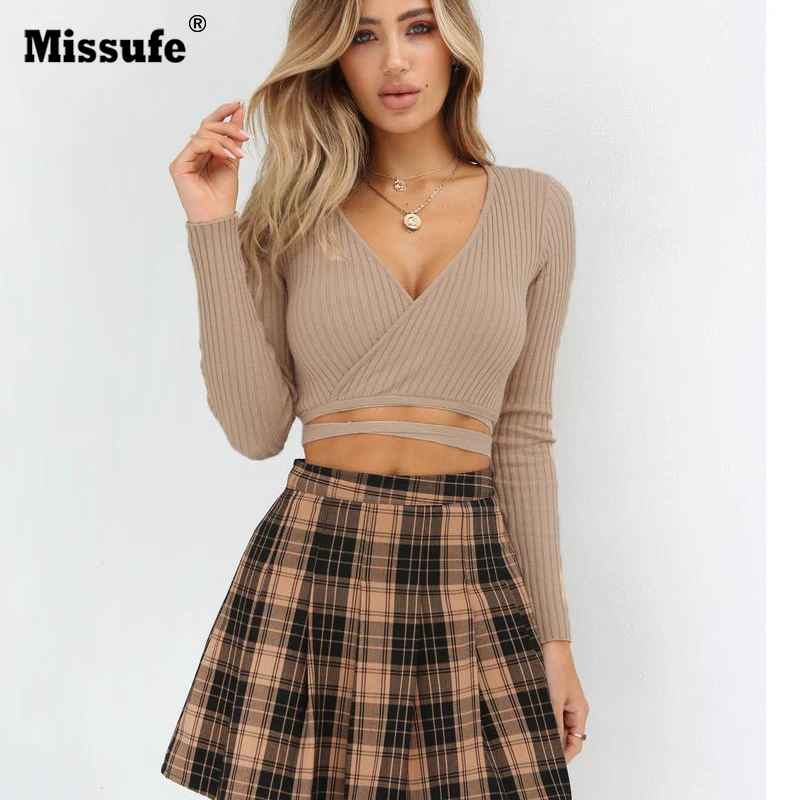 Missufe Deep V Neck Cropped Tops Long Sleeve Wrap Bandage Female Autumn Women Blouses Slim Sexy Knitted Blouse Shirts 2018 Blusa