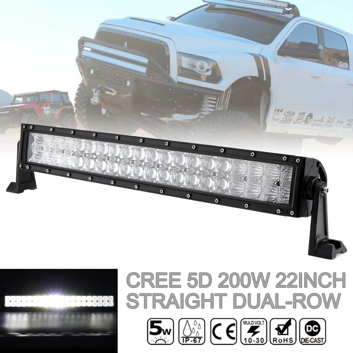 

22 Inch 200W Car LED Straight Dual-Row Worklight Bar 40x5D Chips Combo Offroad Light Driving Lamp for Truck SUV 4X4 4WD ATV HOT