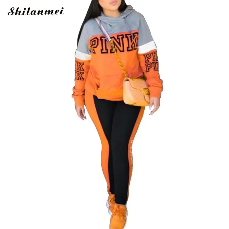 Осень зима розовый буквенный принт комплект из двух частей женский спортивный костюм размера плюс толстовка с капюшоном спортивная одежда Conjunto Feminino - Цвет: orange