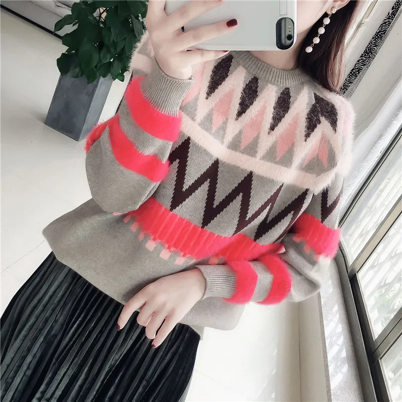 Осенняя Корейская версия клетчатый свитер женский жаккардовый свитер с круглым вырезом свободная рубашка с капюшоном женская рубашка