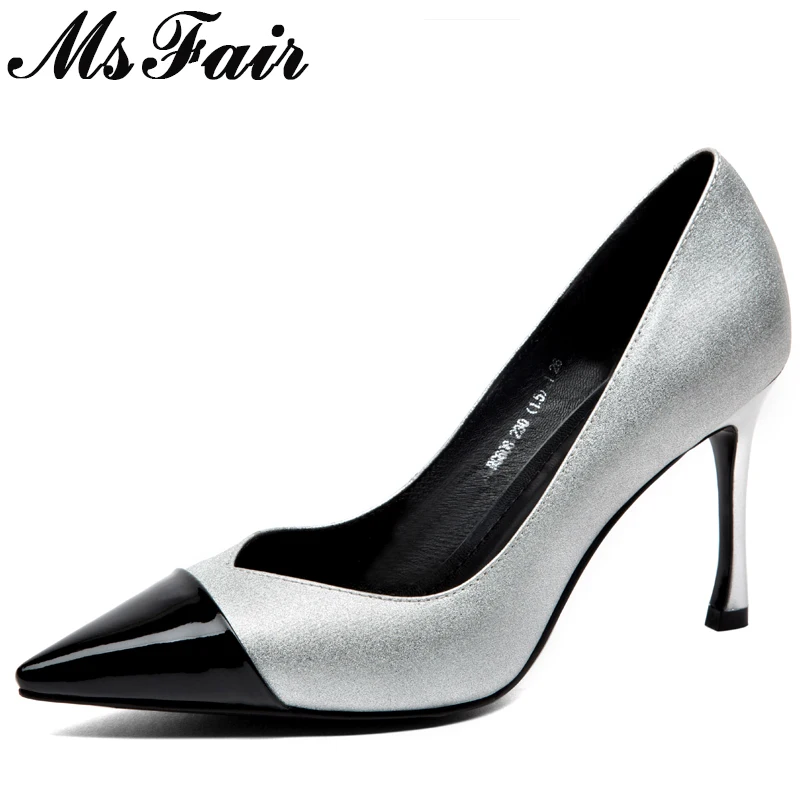 

MsFair Pointed Toe Thin Heels Women Pumps Genuine Leather Super High Heels Zapatos Mujer Shallow Mixed colors Women's Pumps