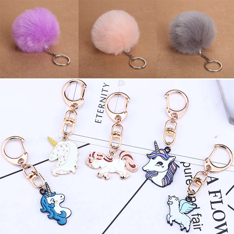 Cute unicorn Pom Pom Kids Girls Plush pom Soft Stuffed Toys Key Pendant Kids Toys Gift Girls Bag Key Chain Hang Pendant